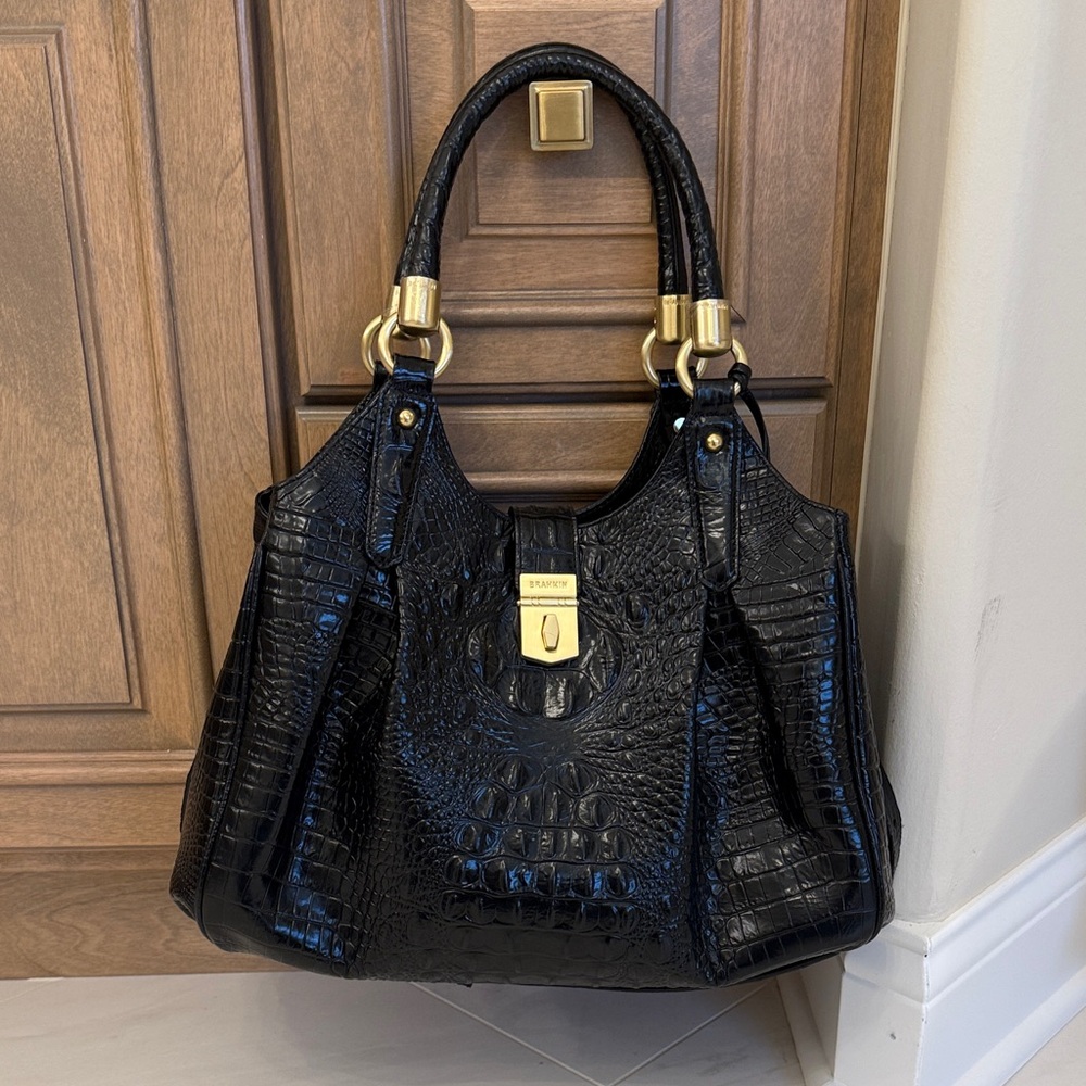 Brahmin Black Croc-Embossed Leather Shoulder Bag with Gold Hardware